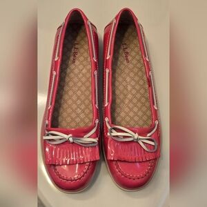 L.L.Bean Women's Boat Deck Slip On Loafers Pink W/White Kiltie Tie Size 10